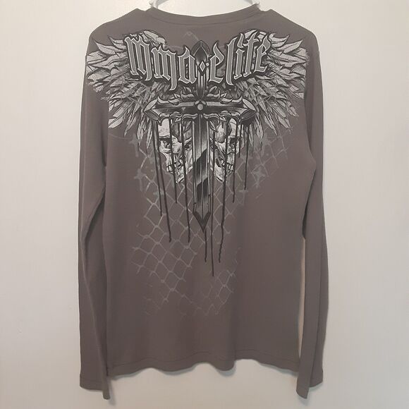 MMA Elite Long Sleeve Shirt Grey Waffle Thermal Y2K Men’s M Cross Skulls VTG - Picture 4 of 7